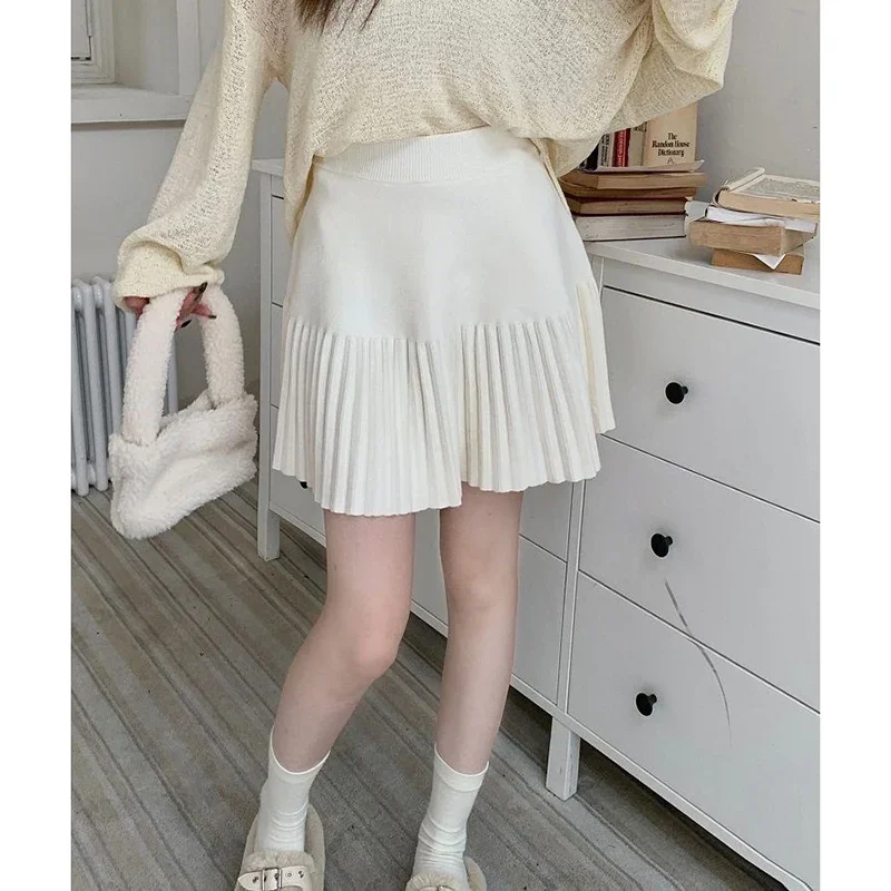 Autumn Winter Lady Korean Knitted Pleated Skirts Female Classic Elegant High Waist A-line Dress Women Fashion Solid Thin Skirts