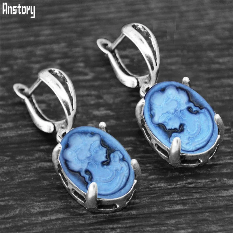 Vintage Oval Cameo Earrings For Women Antique Silver Plated Claw Pendant Lady Queen Fashion Jewelry