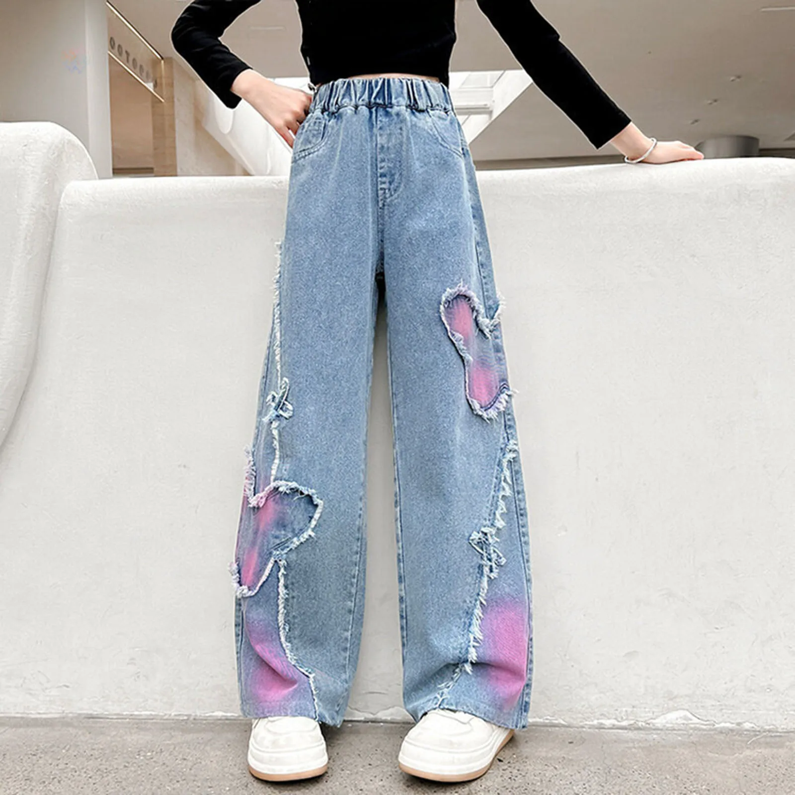 

Girls Jeans Big Kids Casual Pants Children Fashion Printed Straight Style Wide Leg Slim Fit Bottom Girl School Denim Trousers