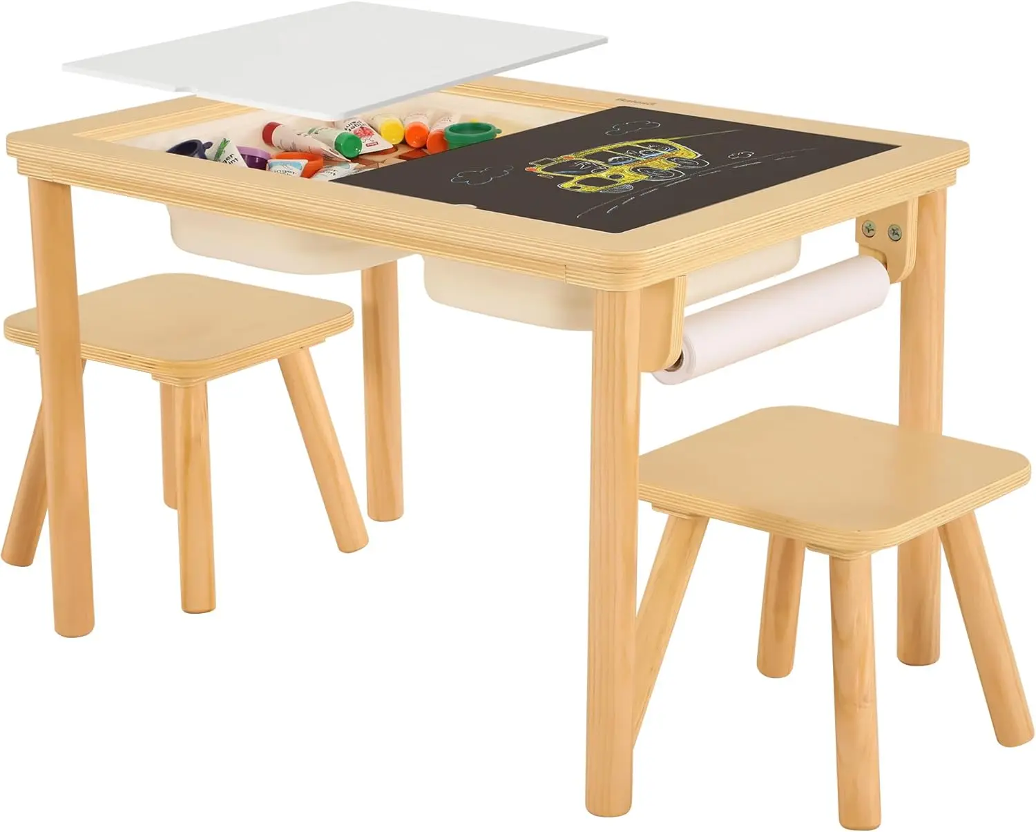 Mesa con 2 sillas y rollo de papel, mesa de actividades acuáticas y arena de madera con tablero de doble cara y contenedores de almacenamiento plegables para niños