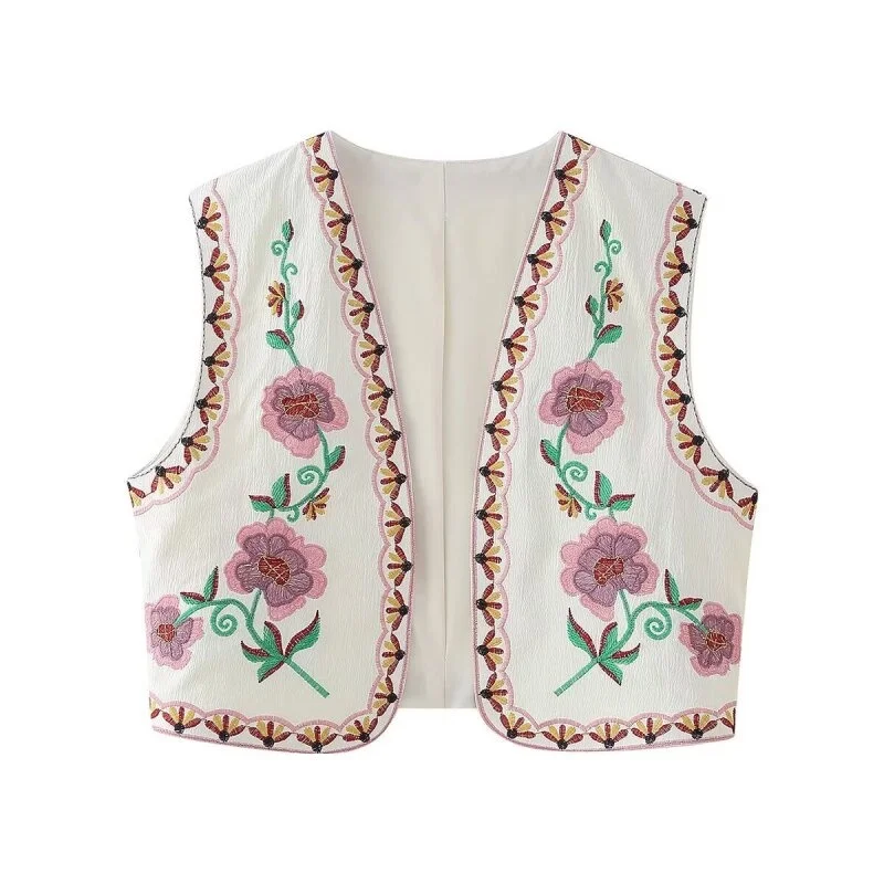 Women's Spring Floral Embroidery Ethnic Open Front Vest, Boho Style for Layering, Perfect for Daily Wear and Gatherings