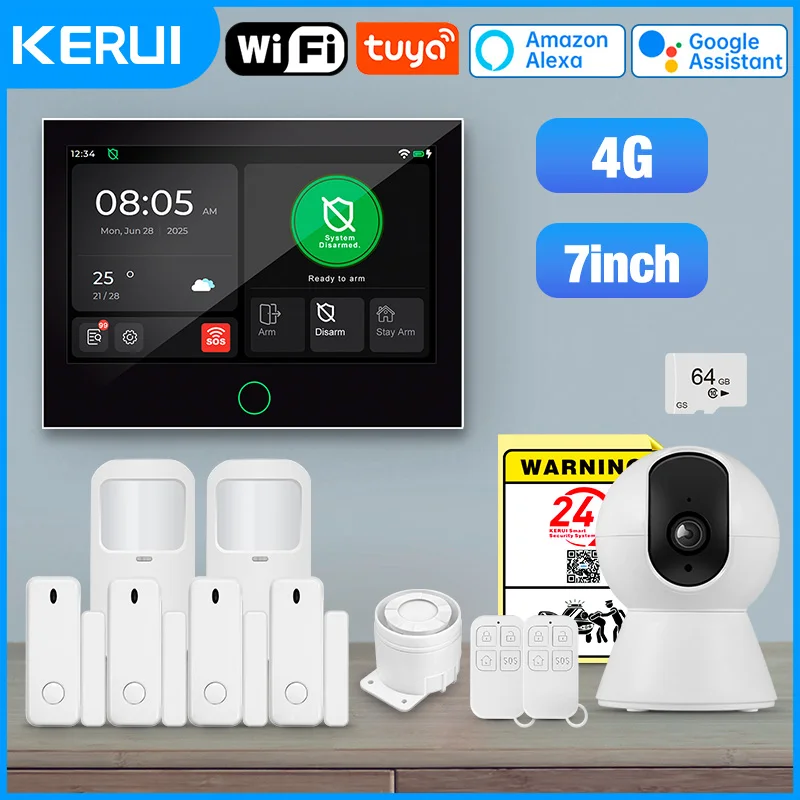 

Домашняя сигнализация KERUI 4G/WiFi с 7-дюймовым сенсорным экраном Tuya, умная беспроводная домашняя охранная сигнализация с детектором движения, дверной датчик