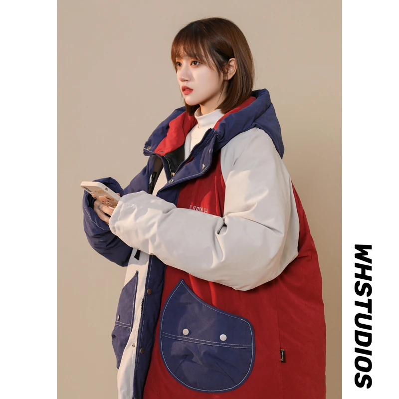 Women Fashion Safari Style Thicken Cotton Loose Hooded Jacket Outerwear Streetwear Hip Hop Patchwork Casual Winter Coat Female