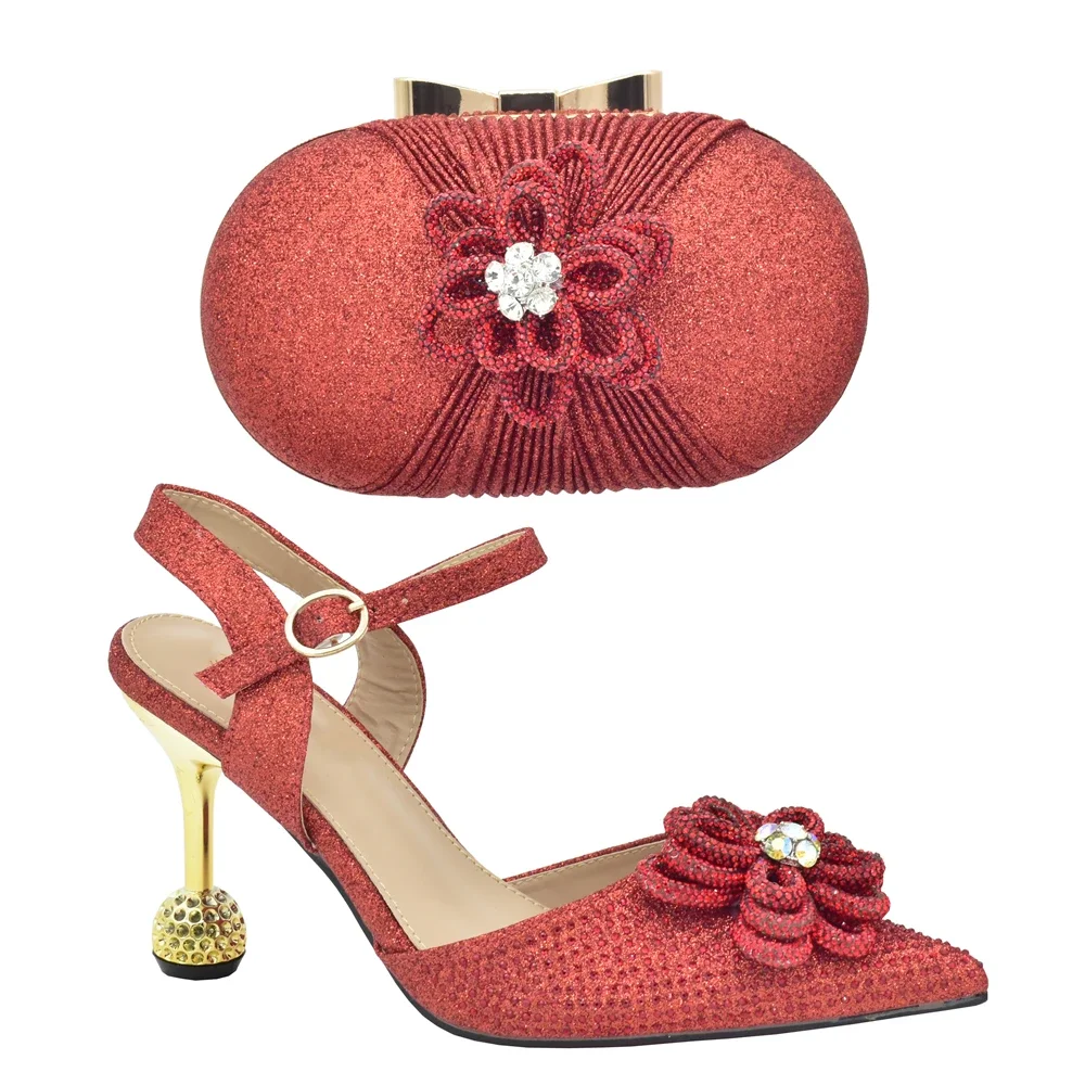 Latest Africa Shoe and Bags Set with Rhinestone Women Shoe Size 43 Wedding Shoes Bride Italian Shoe and Bag Set 2024 Women Heels