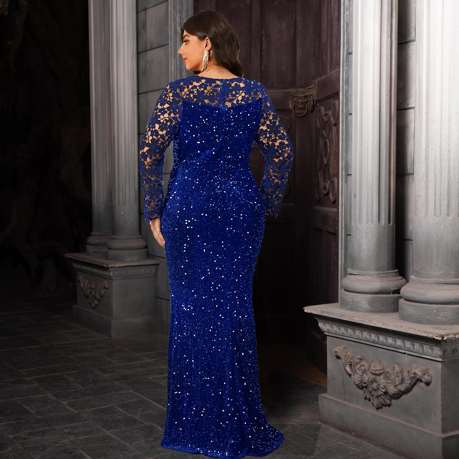 فستان سهرة منحني أنيق للنساء من الدانتيل بأكمام طويلة ومطرز مخملي مجوف فستان ماكسي متواضع #3