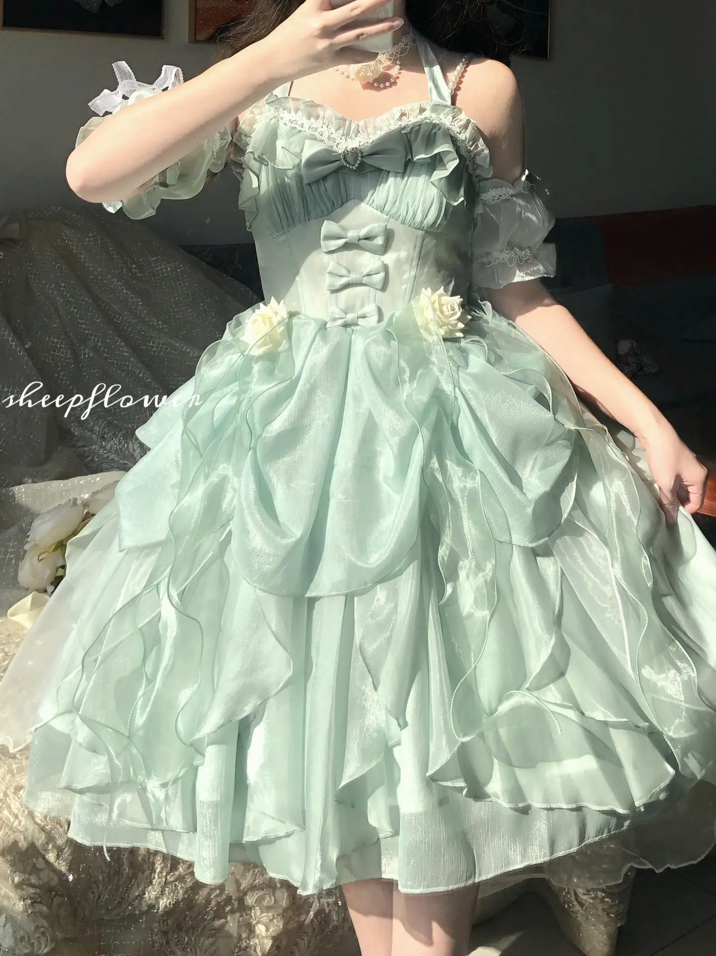 ชุดแต่งงานดอกไม้สีเขียวฤดูร้อนใหม่หญิง Slim Skinny Elegant Sweet Bow ผลกําไรในรอบ Suspender ชุด Jsk Lolita Fairy ชุด