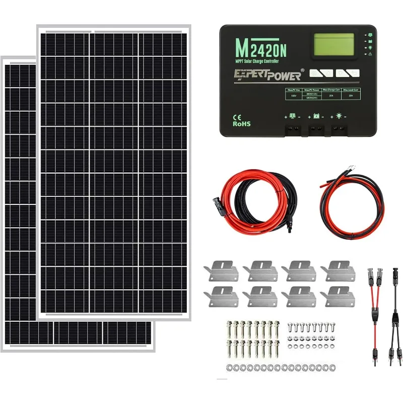 200W 12V Solar Power Kit | 200W Mono Rigid Solar Panels, 20A MPPT Solar Charge Controller | RV, Trailer, Camper, Marine