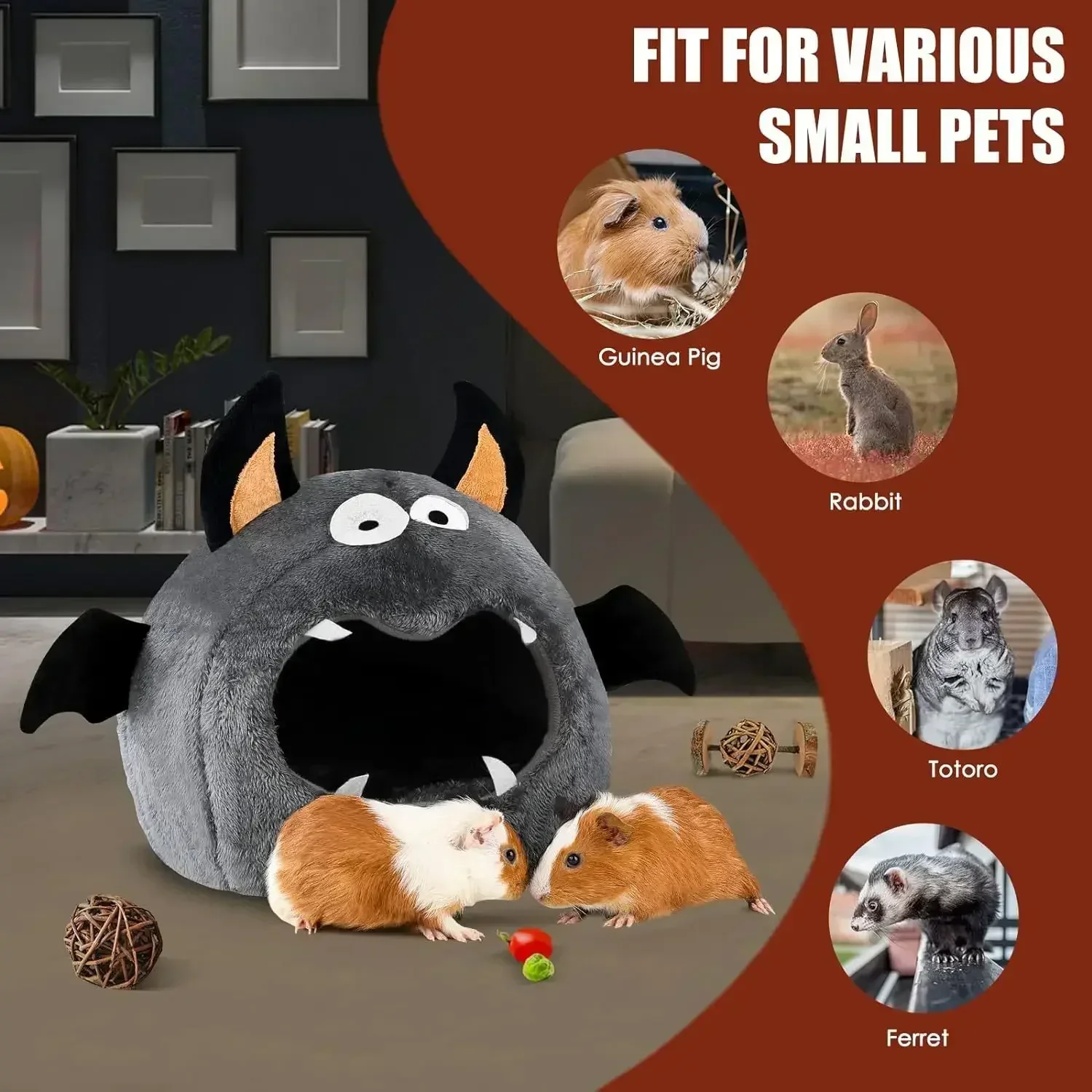 2 in 1 Hamster Nest Halloween Bat-Shaped Cozy Bed for Hamster Guinea Pigs Rabbits & Small Pets Soft Plush Polyester Hideout Bed