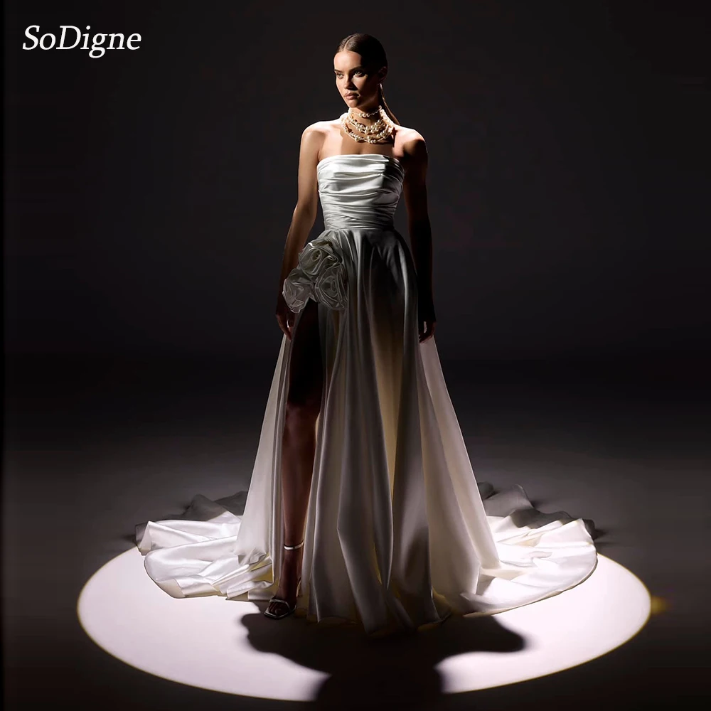 

SoDigne 3D Flower Satin A-line Wedding Dresses Strapless Sleeveless Split Bridal Dress Elegant Customized Wedding Gown