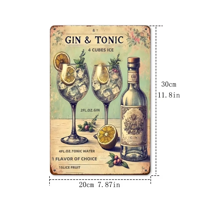 [1pc Vintage Gin Metal Sign] 1pc Vintage Metal Tin Sign, Gin & Tonic Recipe, 20x30 Cm, Iron Hanging Wall Art, Cubic Shape,
