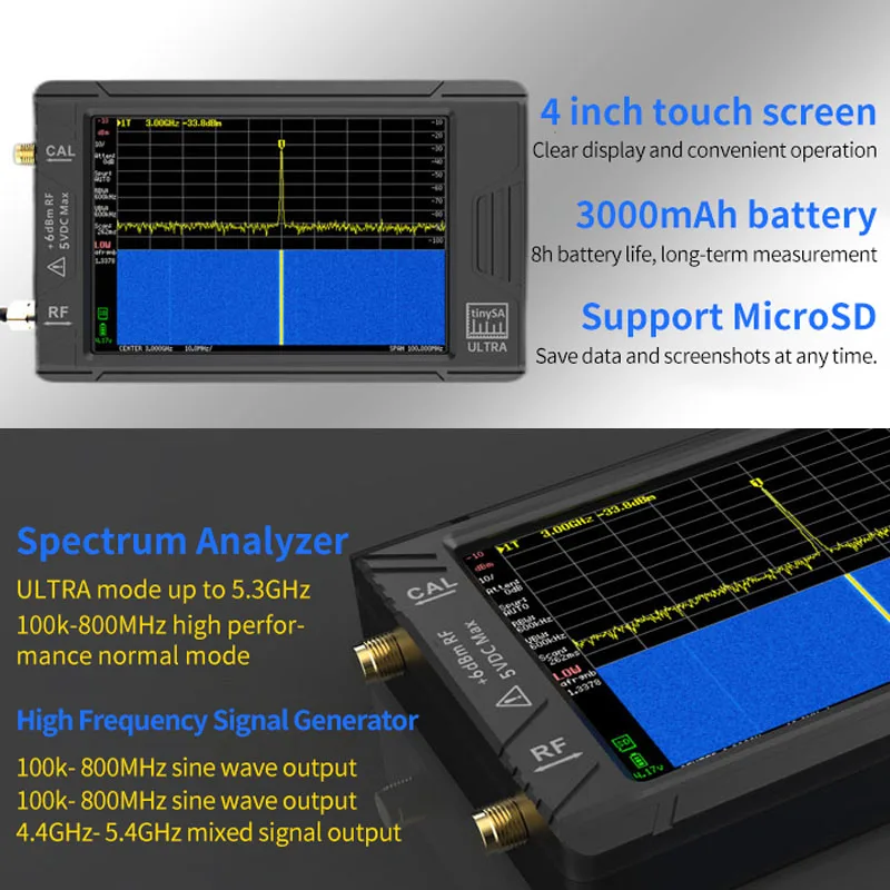 Imagem -06 - Analisador de Espectro Pequeno Portátil 100 K5.3ghz Tinysa 2.8 Tela Sensível ao Toque na Bateria Original