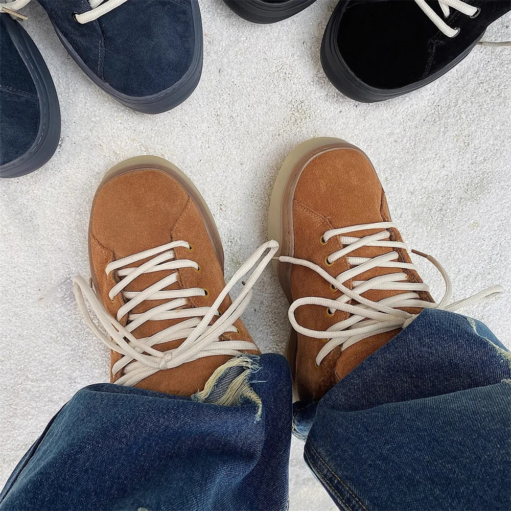 

Suede Corduroy Bread Shoes Men Trendy Casual Thick Heel Lace Up Skateboard Shoes Winter Warm Solid Color Comfort Sneakers