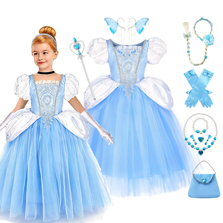 Mädchen Cinderella Prinzessinnenkleid Puffärmel Stickerei Pailletten Tüll Ballkleid Halloween Cosplay Geburtstagsfeier Karnevalskostüm