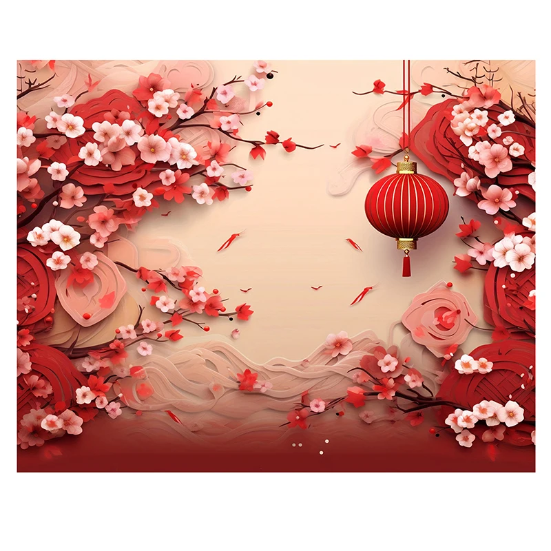 2025 New Years Chinese New Year Backdrop Red Lanterns Floral Wall Banner Background for Photography Holiday Indoor Outdoor Decor