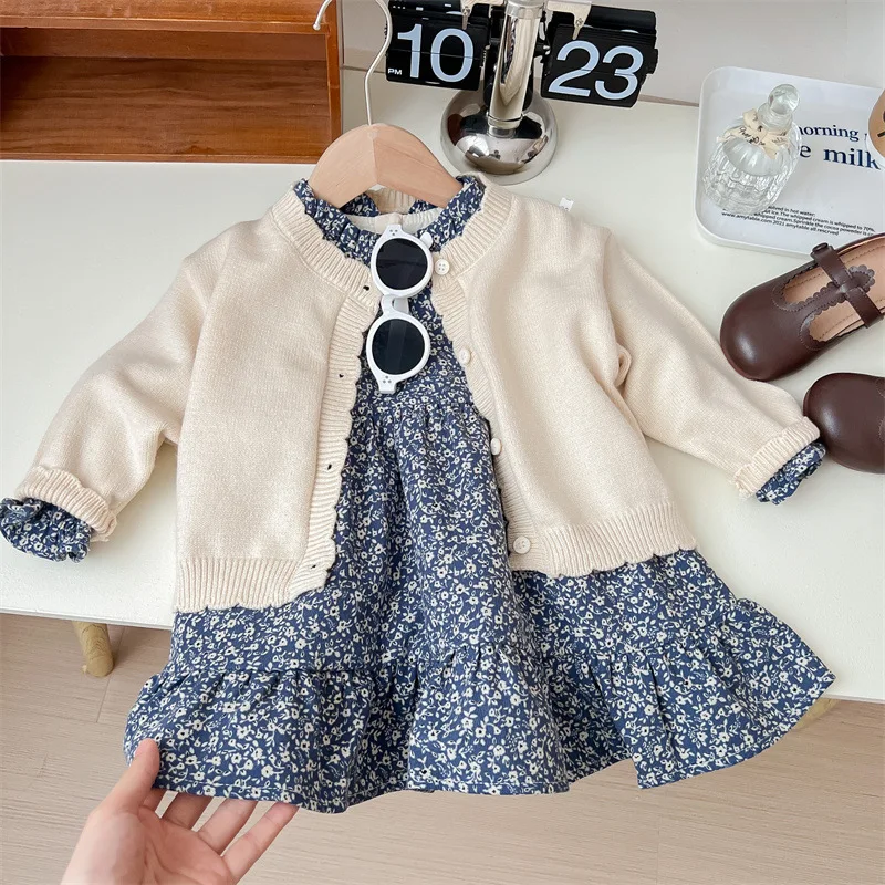 Kids Fall Clothes Girls Korean Baby Floral Dress + Knit Sweater Cardigan Two-piece Sets Toddler Girl Outfit Set Lovely and Sweet