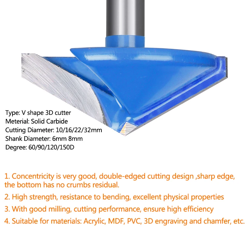 6 mm V-förmiger CNC-Holzfräser 60 90 120 150 Grad 3D-Hartmetall-Gravierfräser für Holzbearbeitung, Schlitzfräser – Detail 1