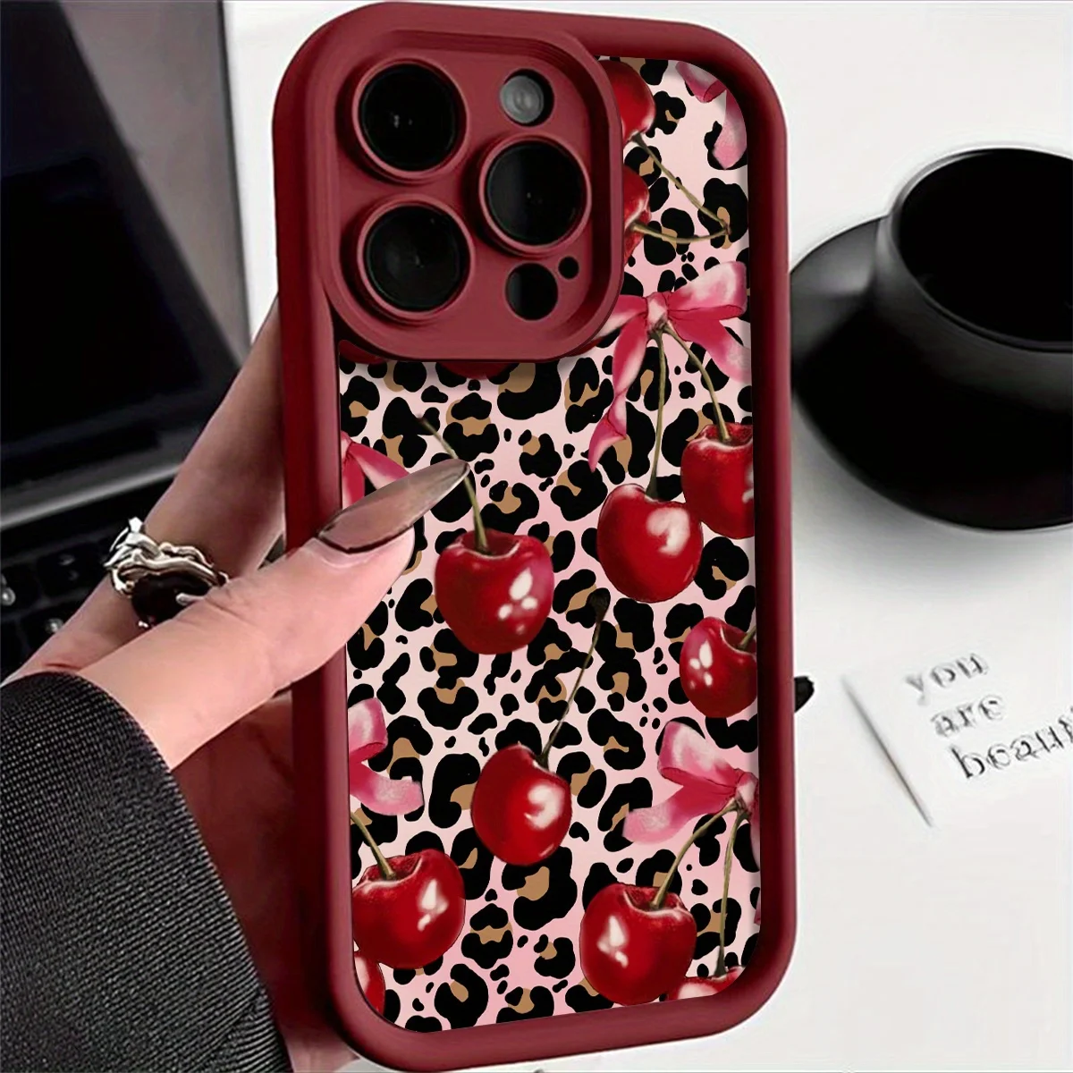 

Leopard print cherry pattern phone case for iPhone 17 16 15 14 13 12 11 Pro/ Max/Plus shock-proof rear cover anti-fingerprint