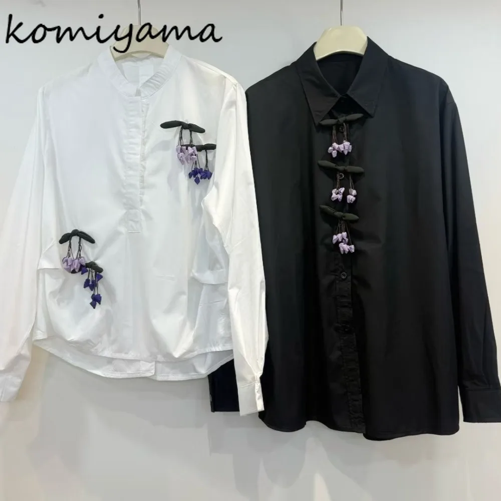 

Contrast Bow Flower Long Sleeve Shirts & Blouses 2025 Ropa Mujer Autumn New Tops Turn Down Collar Blusas Irregular Camisas