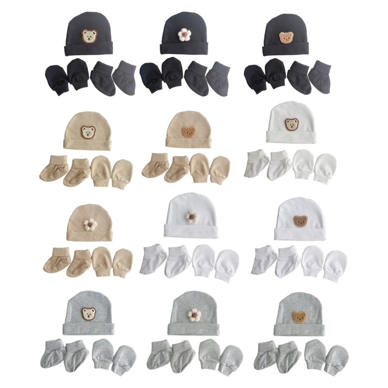 97BE Set Topi & Sarung Tangan Bayi Topi Katun dengan Sarung Tangan & Kaus Set Topi Bayi Baru Lahir dengan Beruang Kaus