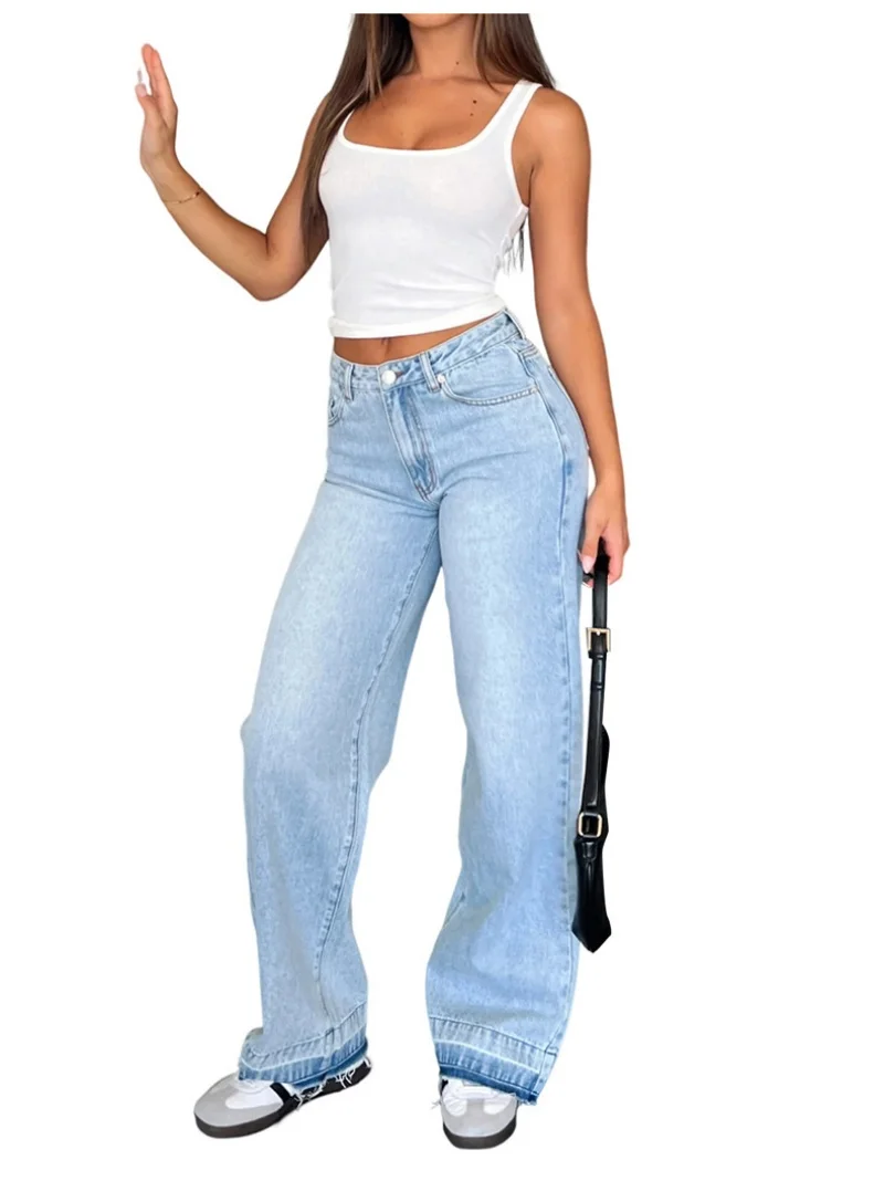 

2024 Autumn/Winter Casual Blue Jeans Mid-Waist Women Straight Pants Temperament Mid-Waist Women