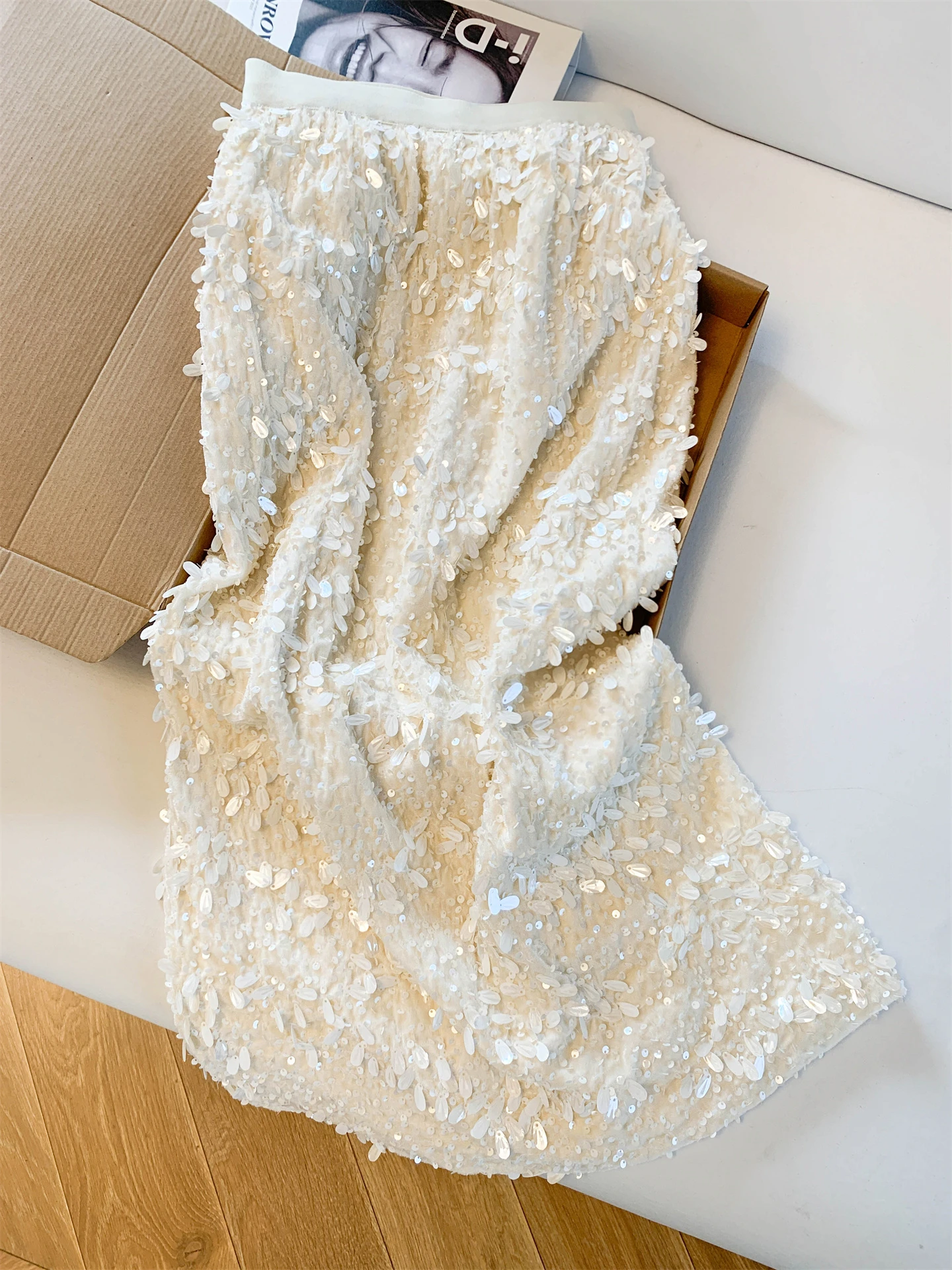 anzhou Guangzhou Heavy Work Small Fraance Sle Glittering f Rock Mittellanger A-Linien-Rock für Damen mit Schlitz für Freizeit...