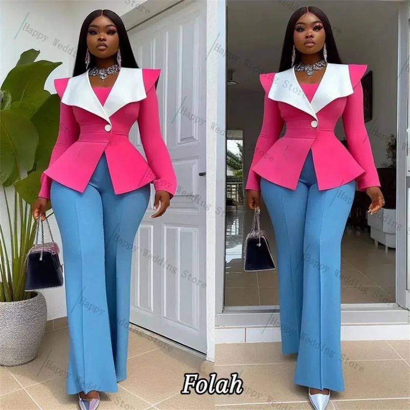 

White Pink Blue Women Suit Pants Set 2 Piece Blazer+Trousers Fashion Formal Office Lady Customized Wedding Tuxedos Party Coat