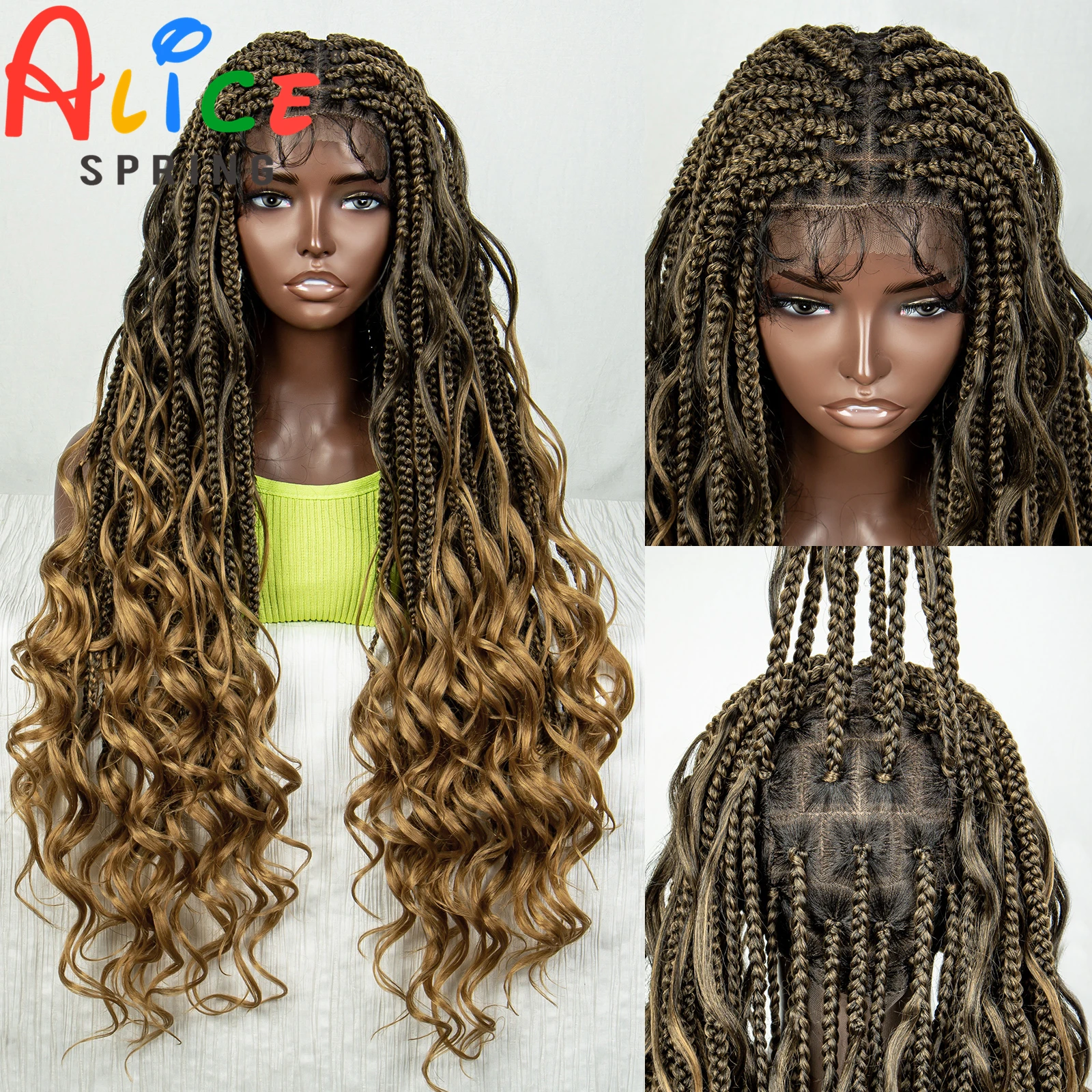 1B27 Color 34 Inches Synthetic Curly Braided Wigs Deep Wave Full Lace Knotless Box Braided Wigs With Baby Hair For Black Woman