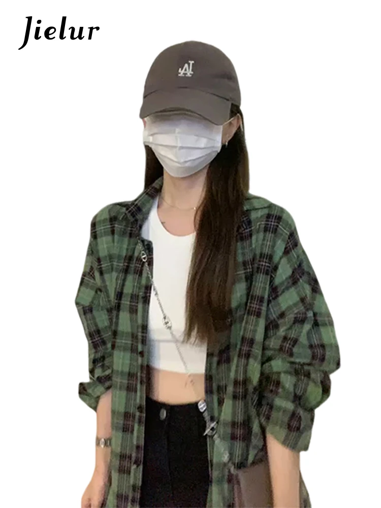 Jielur Spring New Contrast Color Slim Women Shirt Casual Loose Fashion Woman Shirt Green Basic Chicly Long-sleeved Top Female