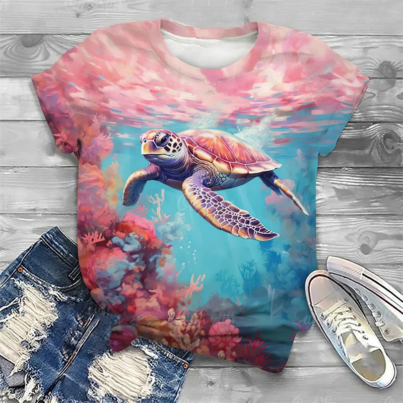السلاحف البحرية ثلاثية الأبعاد طباعة تي شيرت المرأة موضة الشارع الشهير عادية س الرقبة قصيرة الأكمام تي شيرت Y2k قمة Harajuku تيز الملابس النسائية