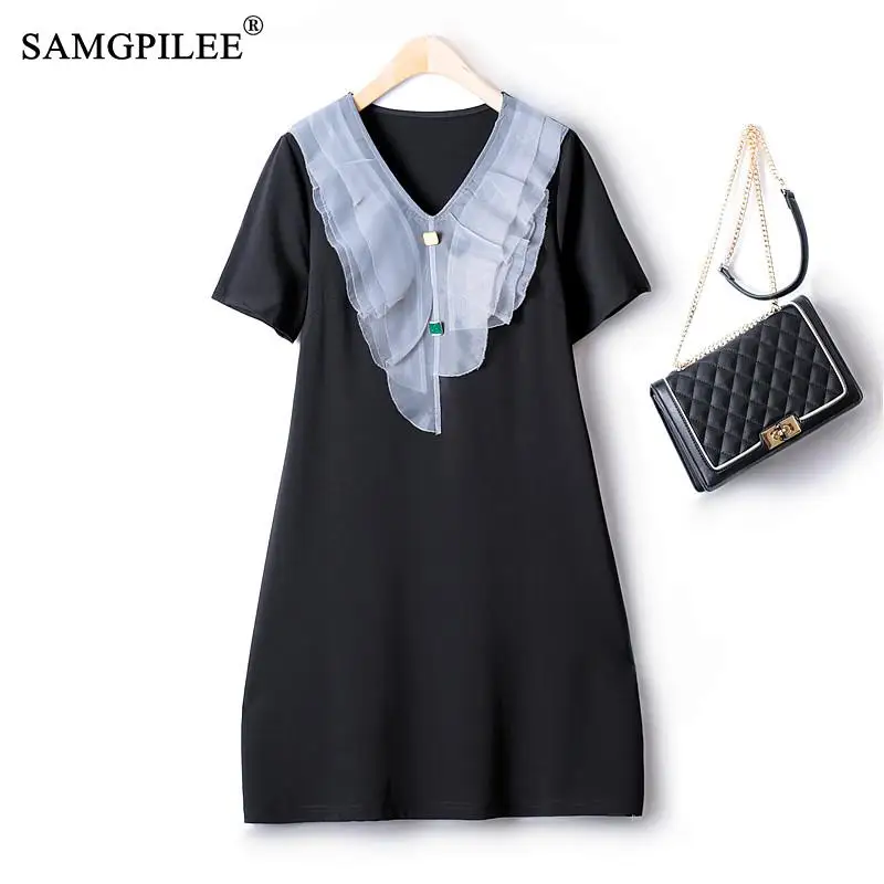 

Elegant Dresses For Women 2022 Summer New Retro Woman Clothes Color Decorative Buckle Organza Lace V-neck Drape Black Dress 4XL