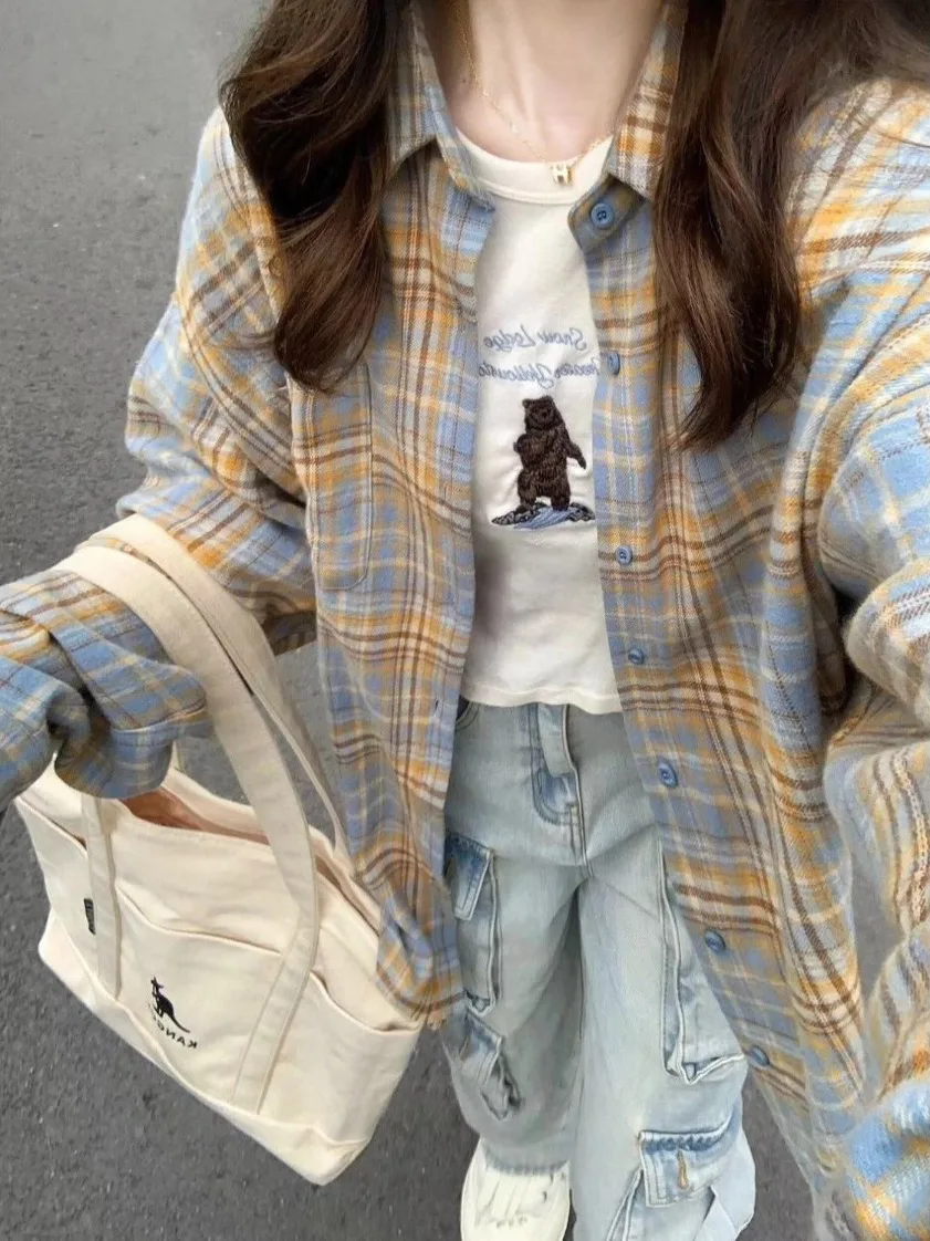 

Ретро-рубашка в американском стиле в клетку с длинным рукавом, миди-длина, для женщин, новинка ранней осени, свободный крой, универсальная, больших размеров, модная рубашка