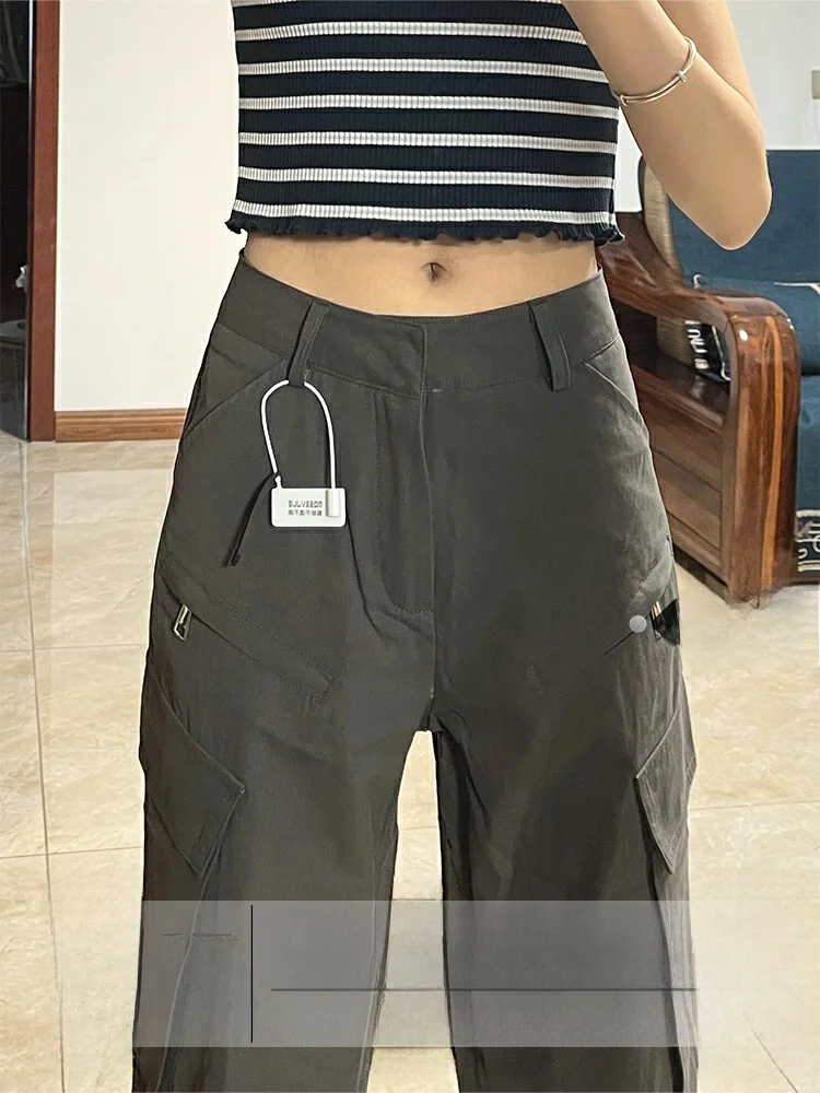 

plus Size Deep Grey American Style Cool High Waist Straight Leg Workwear Pants Women Summer High Street Loose Casual Trousers