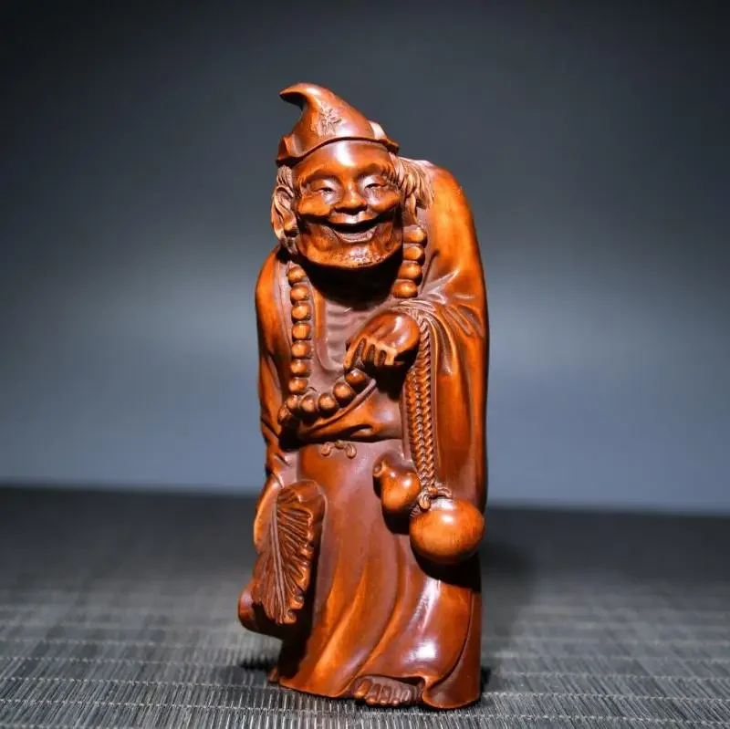 Chinese Antique Boxwood Wood Carving Ji Gong Buddha Statue Collection Nice Art