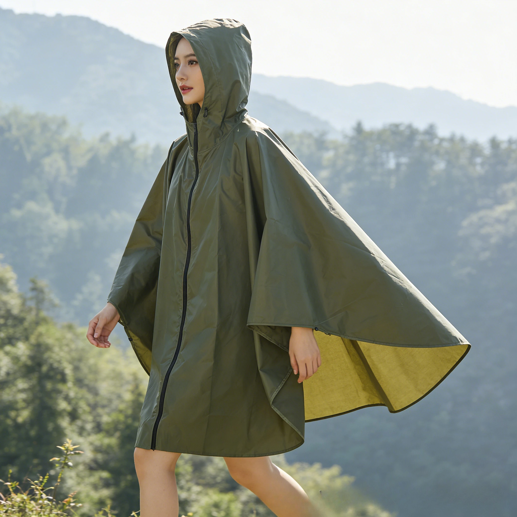 

Fashion Unisex Hooded Rain Poncho For Adults Outdoor Hiking Cycling Lightweight Raincoat Waterproof Zipper Rain Wear