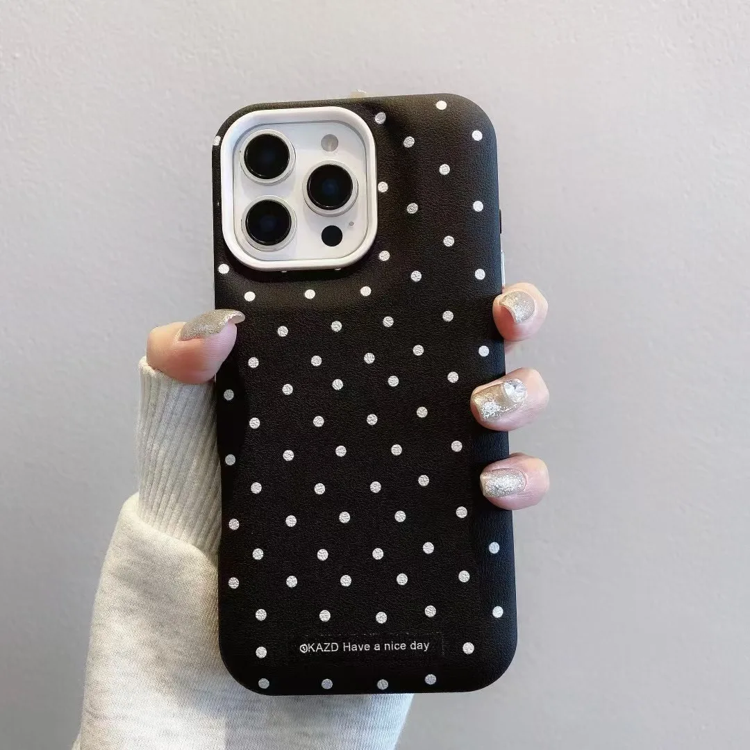 Korean INS 3-in-1 Leather Texture Polka Dots Chic Puff Phone Case for iPhone 16 15 14 13 12 ProMax PIus 11 Back Phone Cover Capa