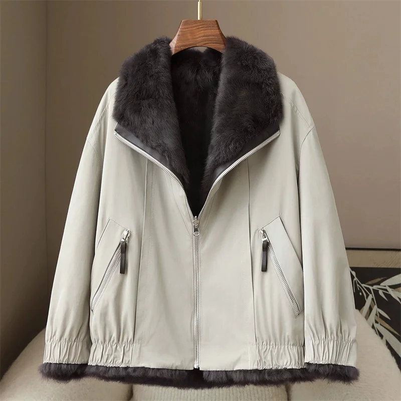2025 High-quality Real Rabbit Hair Fur Parka Women's Autumn Winter Outdoor Coat Two-sided Wear Jacket Loose Outerwear Streetwear