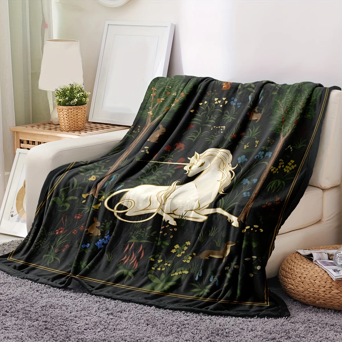 1pc Jungle Unicorn Flannel Fleece Blanket, Modern Polyester Rectangular Throw Blanket, Traditional Style Multi-purpose Blanket