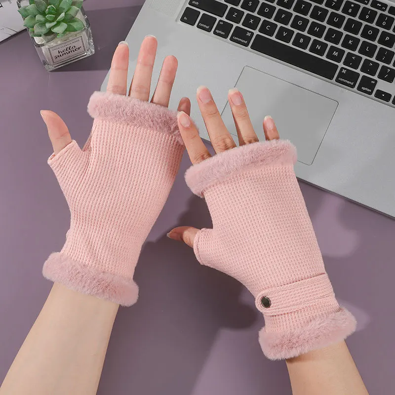 Fashion Solid Color Half Finger Gloves Grid Fingerless Wool Mittens Touchscreen Keep Warm Winter Plush Gloves Writing Guantes