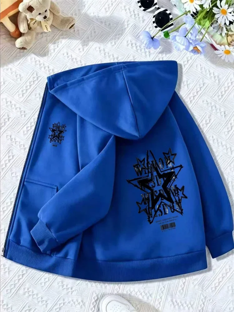 Streetwear Black Zip Hoodie For Children Cool Graffiti Star Art Design Long Sleeve Lightweight Casual Coat