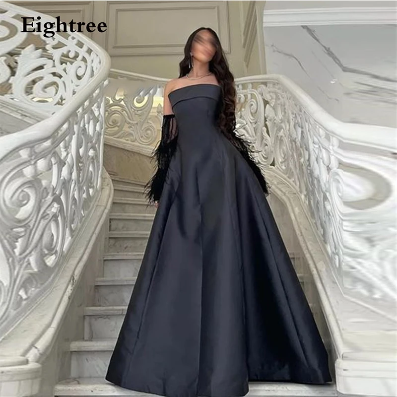 

Eightree Black Vintage Evening Dresses Abendkleider Dubai Strapless Feathers Robes De Soirée Vestidos De Gala Formal Party Dress