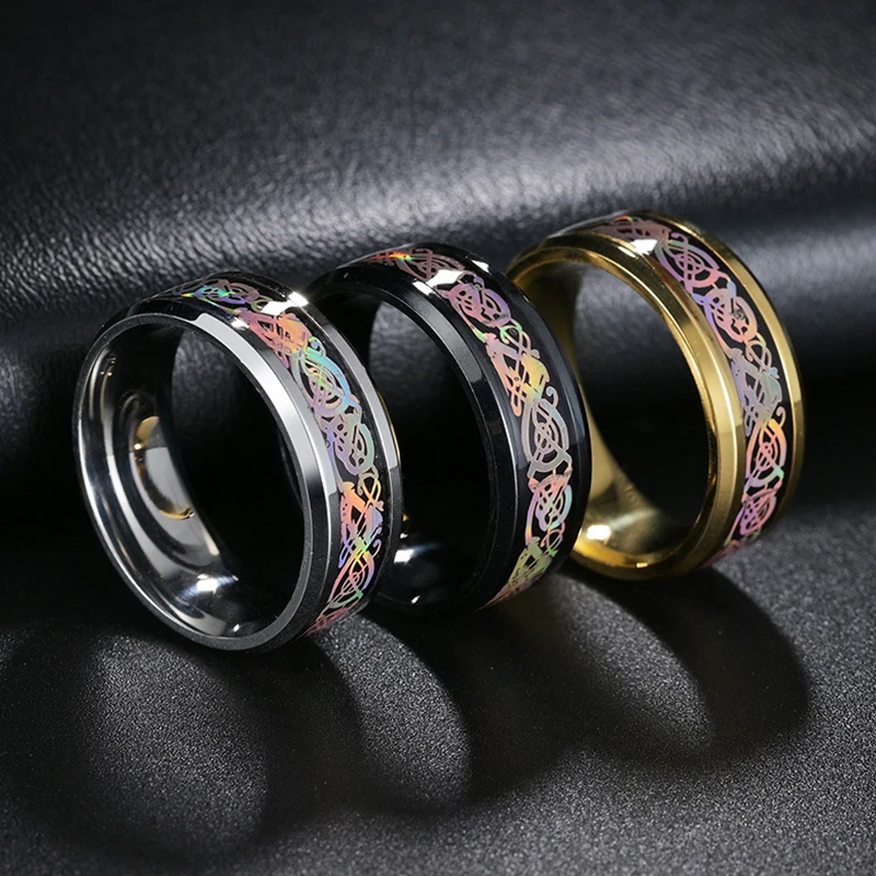 Men's 8mm Stainless Steel Ring with Rainbow Celtic Dragon Pattern Fashion Wedding Engagement Band Charm Jewelry Gift