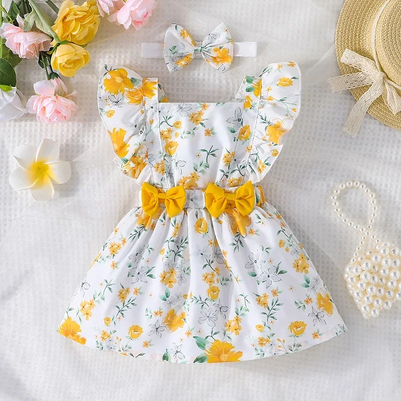 Dress For Kids Newborn 3 - 24 Months Birthday Butterfly Sleeve Cute Yellow Floral Princess Formal Dresses Ootd For Baby Girl