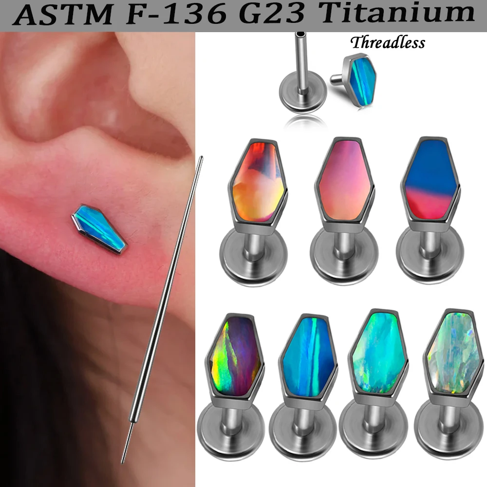 1PC Coffin Shaped Flash Film&OPal Lip Stud Titanium Alloy Threadless Push In Labret Nose Ear Cartilage Lobe Earring  20G/16G