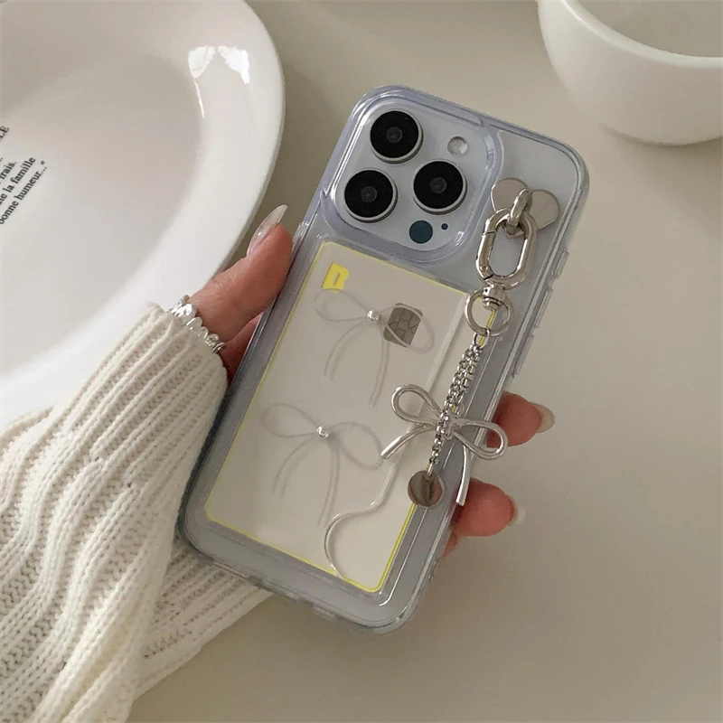 Korean Cute Pearl Bowknot Transparent Wallet Card Holder Bag Phone Case For iPhone 15 14 13 Pro Max 12 11 Shockproof Back Cover