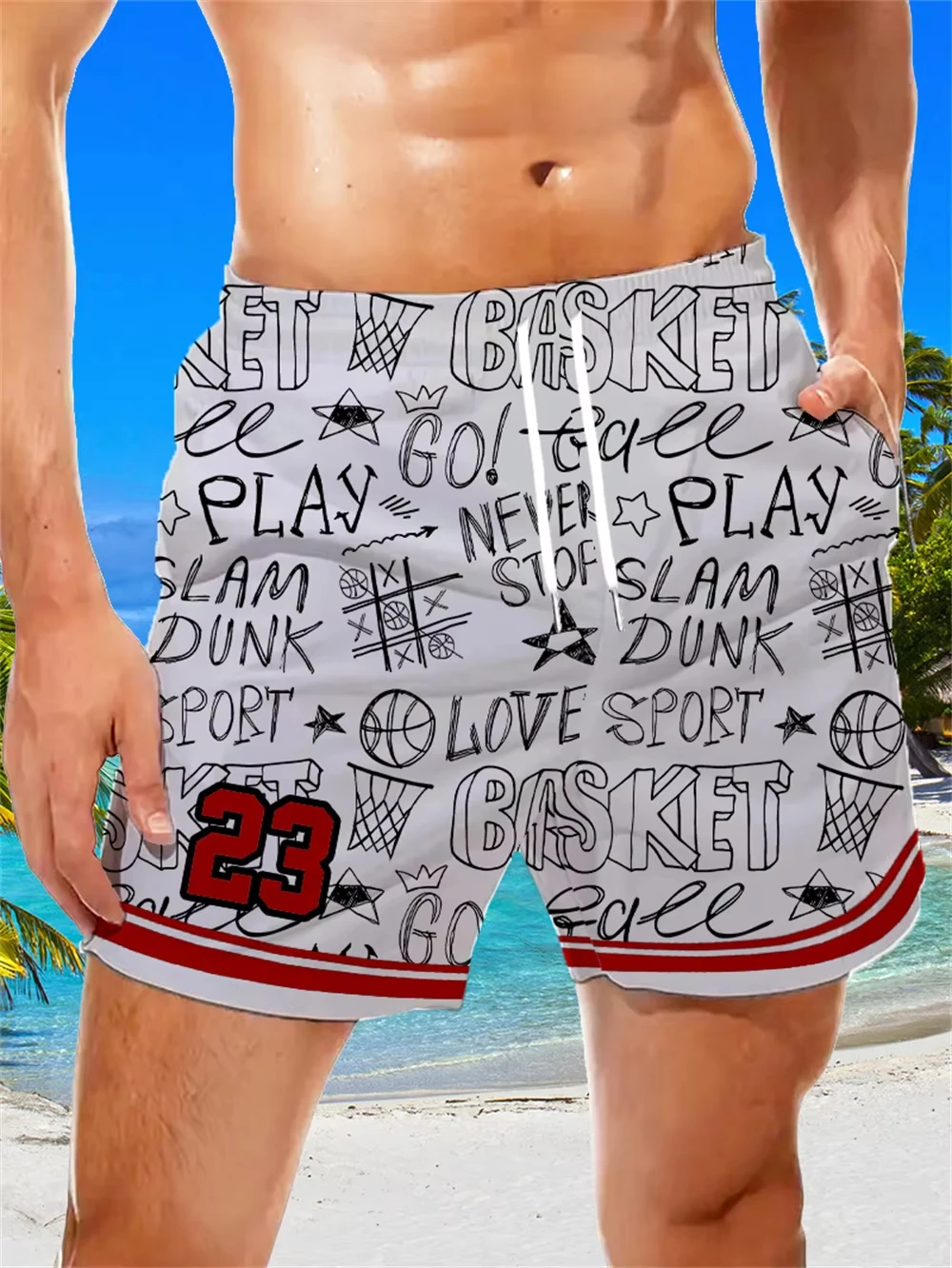 

Summer Men's Beach Pants 2025 New 3D Printed Number 23 with Letter Printed Casual Fashion Trend Drawstring