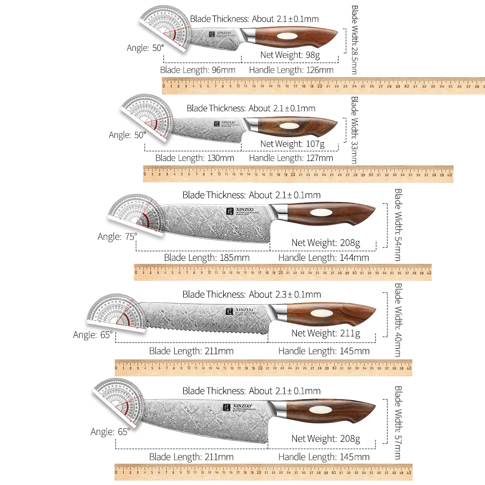 XINZUO Five Pieces Set Kitchen Knife Set Professional High End Damascus Stainless Steel Exquisite Handmade Box Packaging.