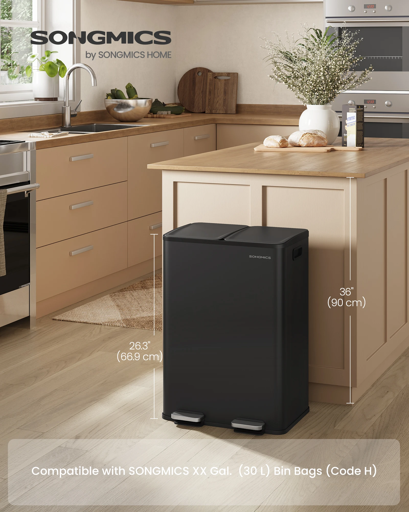 

SONGMICS Trash Can, 2 x 8 Gallon (2 x 30 L) Dual-Compartment Garbage Can with Soft-Close Lid, Pedal and Inner Buckets, Stainless