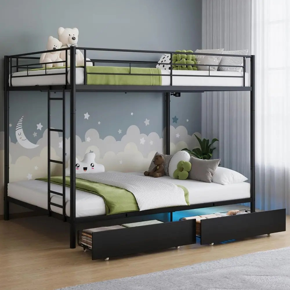 Black Metal Twin Bunk Bed with LED Lights, USB Ports, 2 Drawers, Guard Rails, Ladder - No Box Spring Needed, Easy Assembly