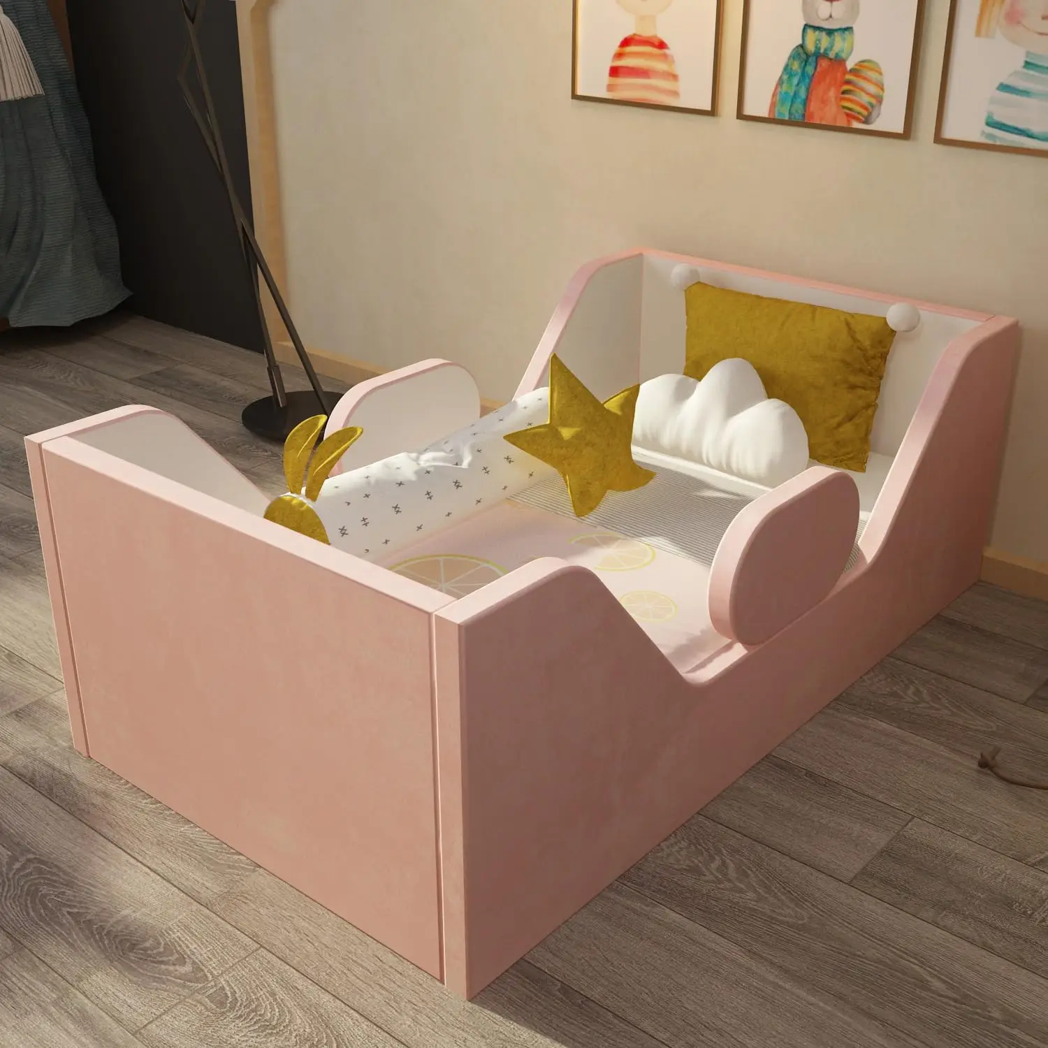 

Toddler Bed, Child Bed for Kids with Extra Safty Broad, Standard Crib Size Toddler Bed, Certified Fabric Toddler Beds,