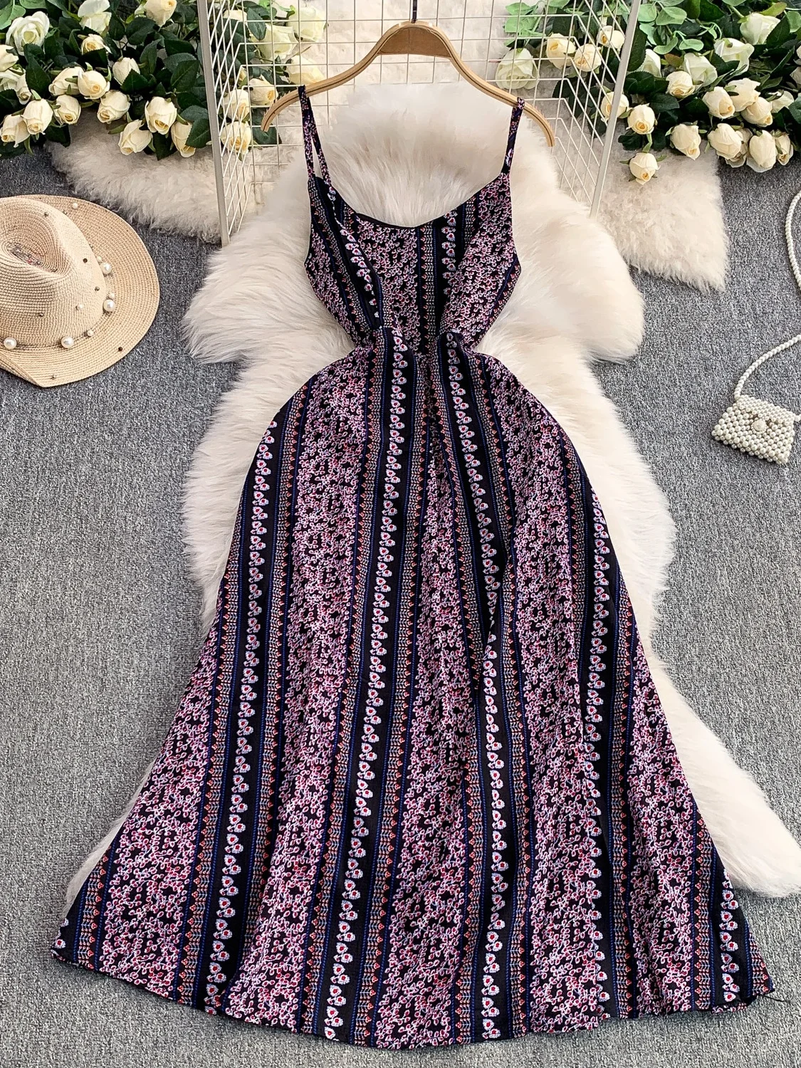 Sweet Floral V-ne Strapl Dr Women's Summer Holiday Sexy Bal High Waist Slimming Maxi Skirt Korean Sle Print A-...